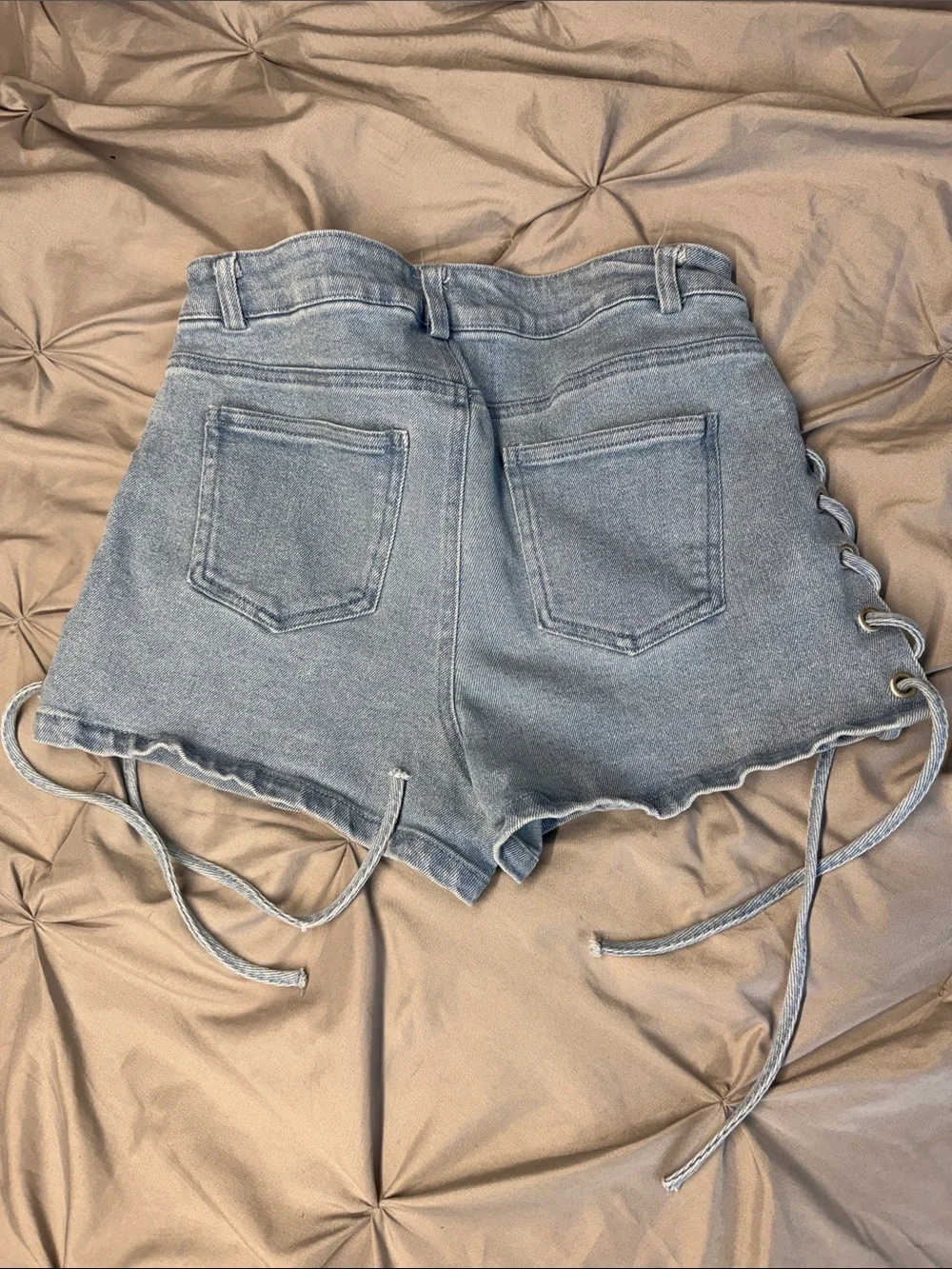 Denim Blvd  Light Blue Denim Shorts with Side Lace-Up Detail - Size M (15” waist